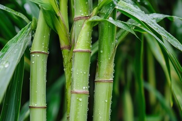 Obraz premium Fresh Sugarcane Plant with Dewy Green Leaves
