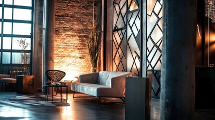 Modern industrial party decorations with exposed metal fixtures, geometric patterns, and minimalist furniture, photographed with dramatic, side lighting to emphasize the edgy vibe