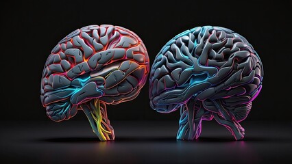 1. **A Brain Split Between Subdued Gray and Vivid, Lively Colors Illuminated by Bold Lighting Against a Dark Black Background**