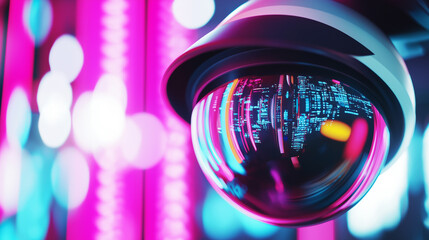 A close-up of a security camera with vibrant neon lights and digital data reflections in the lens, representing surveillance technology.
