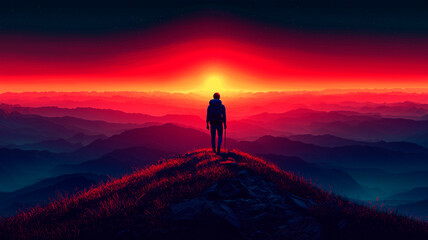 Fototapeta premium Hiker at Fiery Red Sunset, Vibrant Horizon, Dramatic Landscape