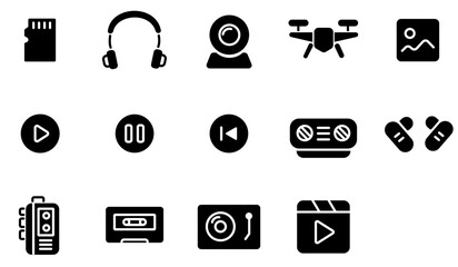 vector set of black icons multimedia 