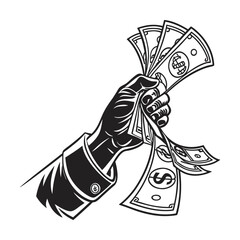 Holding a bundle of dollars in black and white hands silhouette line art vector design
