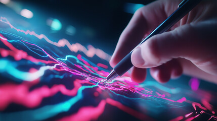 A close-up of a hand holding a pen and analyzing a colorful stock market graph on a digital screen.
