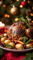 Festive roasted chicken with vegetables and herbs served on a holiday table decorated with candles and ornaments