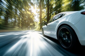 Speeding Along: A sleek, white vehicle speeds down a winding, tree-lined road, creating a sense of motion and adventure. Captured with a dynamic, blurred background.