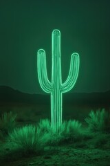 Obraz premium Cactus plant glowing in neon light against desert landscape at night, creative lighting, unique decor, desert aesthetics, modern art, nature photography.
