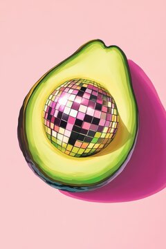 Avocado with mirrored disco ball inside on pink background, creative food concept, trendy healthy lifestyle, fun party vibes, unique fruit design.