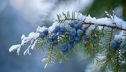 snow kissed juniper berries on a frozen branch cold climate frosty atmosphere evergreen trees