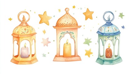 Watercolor Islamic lanterns, decorative,  background stars.  Possible use Children's book illustration