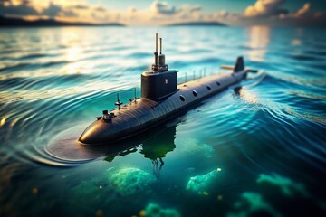 Miniature Diesel Submarine: Aerial Drone View of Cutting-Edge Naval Technology Partially Submerged