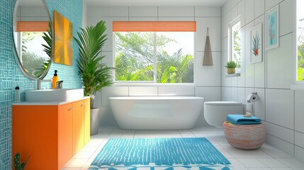 Bright colorful bathroom modern design turquoise coral yellow sleek minimalistic natural light plants tile playful elegant realistic