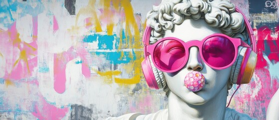 Naklejka premium Artistic statue wearing pink sunglasses and headphones in front of colorful graffiti wall, modern urban vibe, creative expression, street art culture.