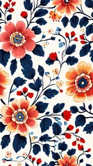 Intricate Coral, Orange, and Navy Blue Floral Pattern on White