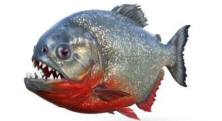 A realistic piranha with sharp teeth, silver scales, and red belly, white background