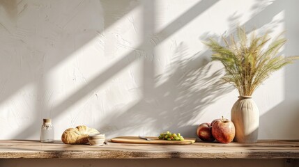 Cozy rustic kitchen counter with fresh fruits and rustic decor, for product presentation background or branding.