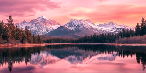 Serene pink sunrise illuminates snowcapped mountain range reflected in a tranquil alpine lake.