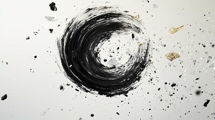 Fototapeta premium A minimalist burst of black circular brush strokes contrasted by chaotic silver and gold splatters floating mid-space on a translucent off-white background. 32k