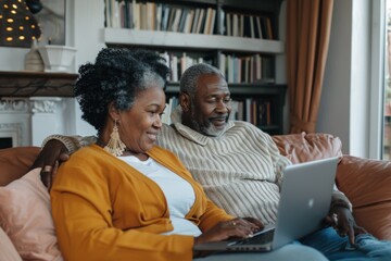 Portrait of a content afro-american couple in their 50s watching computer laptop on the sofa at home