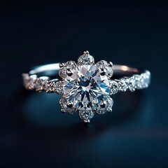 Diamond engagement ring in white gold with a floral design, solitaire round-cut diamond, pave setting, side stones, halo, high polish finish, clean white background