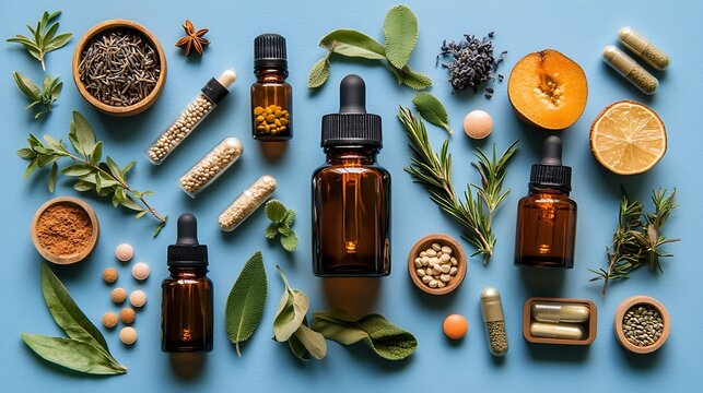 Overhead view of various natural remedies in jars, bowls, and capsules on a blue table