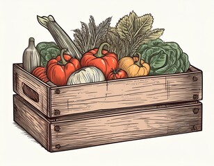 sketch hand drawn illustration wooden box with vegetables