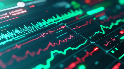 A close-up of a glowing, green digital ECG waveform, symbolizing health, medicine, and technology.
