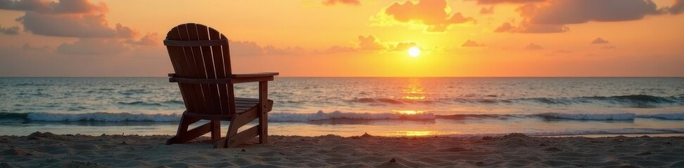 Lone weathered wooden chair facing tranquil ocean at sunset, soft light , design, vintage