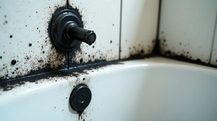 Close-up view of a porcelain bathtub and tile wall with significant dark mold or mildew accumulation around plumbing fixture