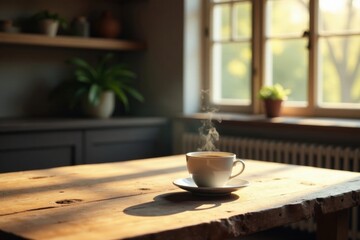 Aromatic Steam Rising from a Warm Mug on Rustic Wooden Table in Sunlit Room