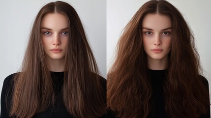 Realistic before and after picture of frizzy hair and after a hair smoothing treatment
