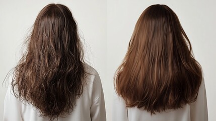 Realistic before and after picture of frizzy hair and after a hair smoothing treatment