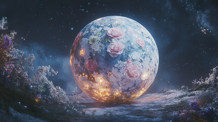Naklejka premium surreal planet covered in flowers floats in space, glowing softly