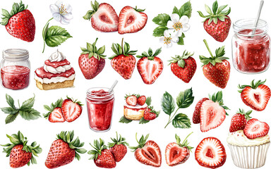 Watercolor Illustration of Strawberries, Strawberry Blossoms, Jam, and Desserts in a Botanical Style
