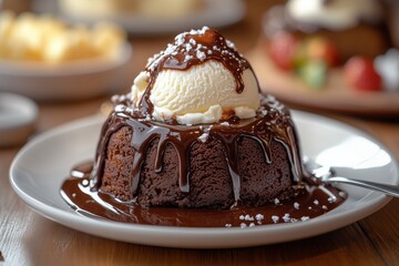 rich chocolate lava cake with vanilla ice cream, drizzled in fudge sauce for an extra layer of the brown color on top. The texture is soft and creamy against a white plate. A spoon lies beside it
