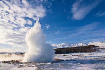 Sunset at Geyser Strokkur in Golden Circle (South Iceland) 
