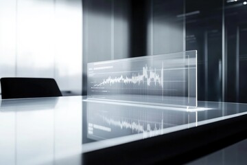 A transparent display showing a stock market graph sits on a sleek modern conference table in a glass office.