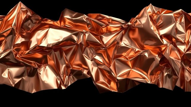 A close-up view of crumpled metallic foil, showcasing rich copper tones and reflective surfaces, Ideal for backgrounds in design projects, packaging, or as a texture element in digital art,