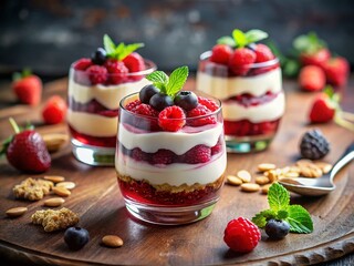 Delicious Berry Parfait: Layers of Cream, Berry Sauce & Fresh Berries - Tilt-Shift Photography