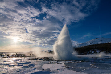 Sunset at Geyser Strokkur in Golden Circle (South Iceland) 
