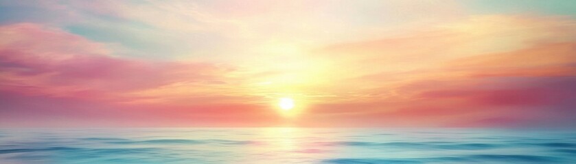 Obraz premium A serene sunrise over a calm ocean, with soft pastel colors blending in the sky, This image can be used for themes of tranquility, nature, and inspiration in marketing materials, blog posts