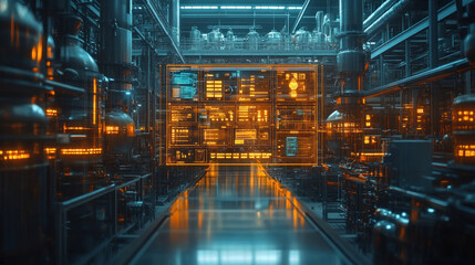 Fototapeta premium AI-powered food processing plant with smart ingredient tracking, holographic quality control screens analyzing nutrient composition, futuristic digital factory design