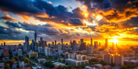 Fototapeta premium Miniature Sunset Cityscape: Dramatic Gray Sky, Tilt-Shift Photography