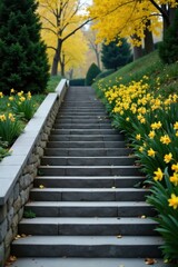 Stone Steps Ascending Through a Garden Path Flanked by Vibrant Yellow Flowers and Autumnal Trees