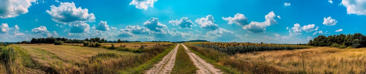 Obraz premium Scenic summer landscape with dirt road through fields of sunflowers and blue sky with fluffy clouds.