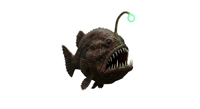 A detailed anglerfish with a glowing lure, floating in a white void