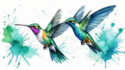 Fototapeta premium Two colorful hummingbirds in flight with splashes of watercolor background, lively and vibrant scene