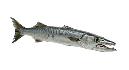 A barracuda with a long, slender body and sharp teeth, isolated on white