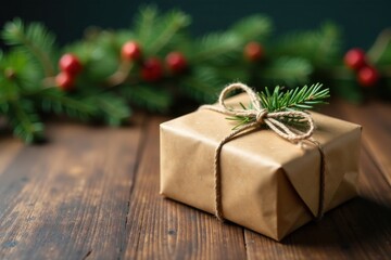A thoughtfully wrapped gift, adorned with a sprig of evergreen, rests on a rustic wooden surface, nestled amongst a blurred backdrop of festive greenery and red berries.
