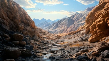 Fototapeta premium Rugged desert canyon landscape with a winding stream and distant mountain range under a bright sky.